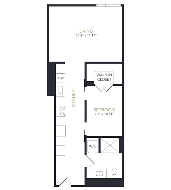 A black and white drawing of a living room, kitchen, and bedroom layout.