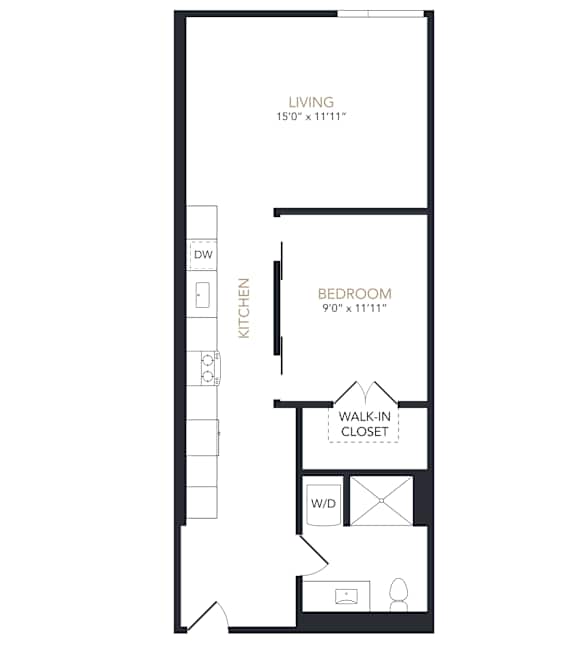 A floor plan of a one bedroom apartment with a kitchen and living room.