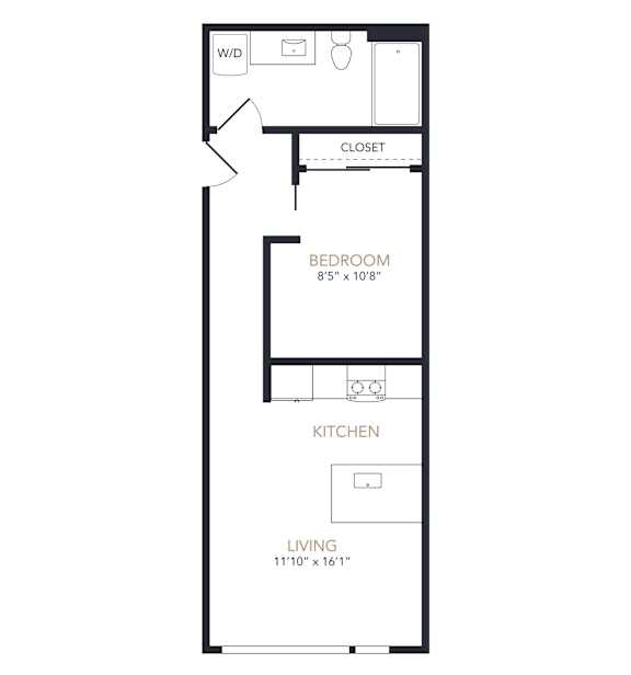 A floor plan of a small apartment with a bedroom, kitchen, and living room.