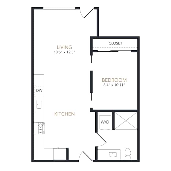 A floor plan of a small apartment with a living room, bedroom, and kitchen.