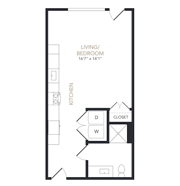 A black and white drawing of a living room and kitchen area.