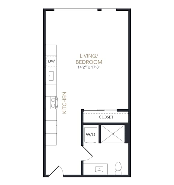 A floor plan of a small apartment with a living/bedroom area and a kitchen.