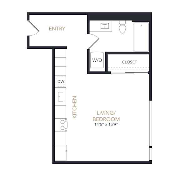 A floor plan of a small apartment with a living/bedroom area, kitchen, and closet.