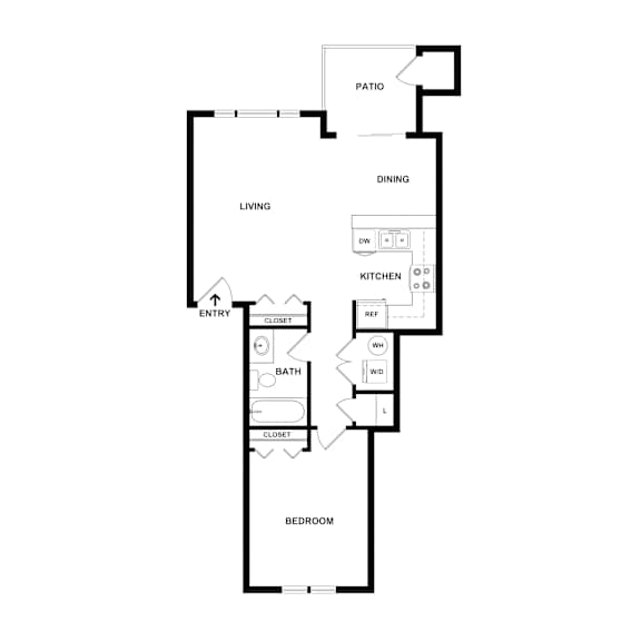 A floor plan of a house with a living room, dining room, kitchen, bathroom and bedroom.