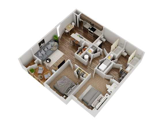 A 3D floor plan of a small apartment with two bedrooms, a living room, and a kitchen.