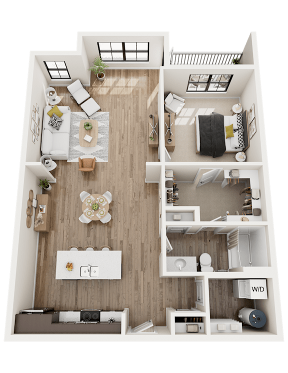 A 3D Floor Plan of The South with a living room, kitchen, and bedroom.