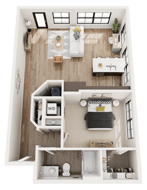 A 3D floor plan of The Station with a kitchen, living room, and bathroom.