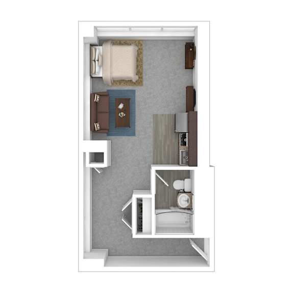 A top down view of a small apartment with a bed, a couch, a chair, a table, and a kitchenette.