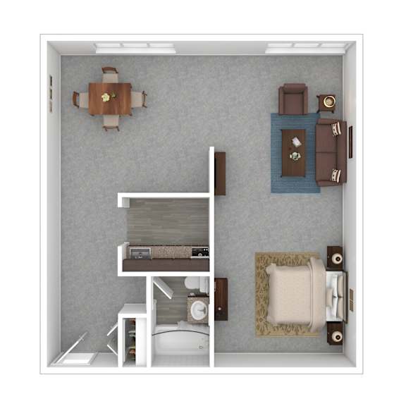 A top down view of a small apartment with a dining table, couch, and a bed.