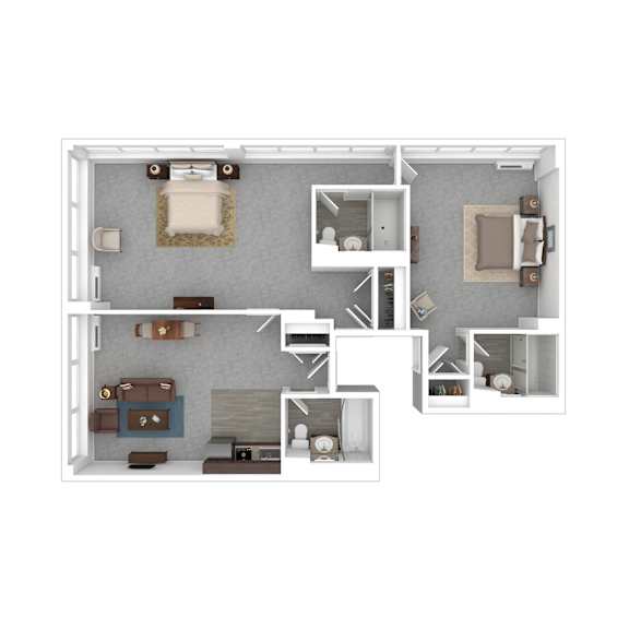 A 3D floor plan of a small apartment with a kitchen, living room, and bedroom.