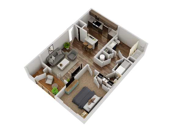 A 3D floor plan of a small apartment with a kitchen, living room, and bedroom.