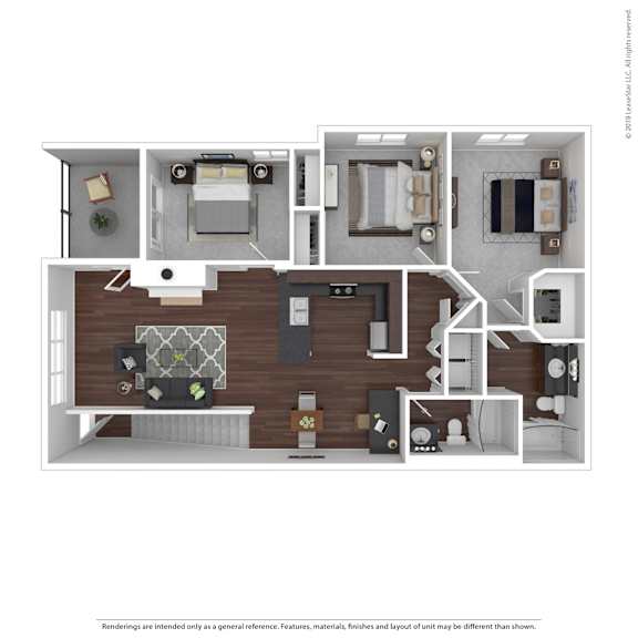 A 3D floor plan of a house with a kitchen, living room, and bedrooms.
