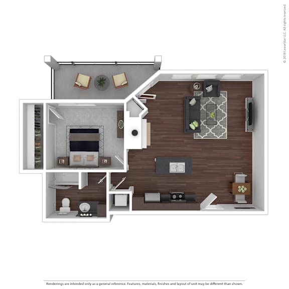 A 3D floor plan of a house with a kitchen, living room, and dining area.