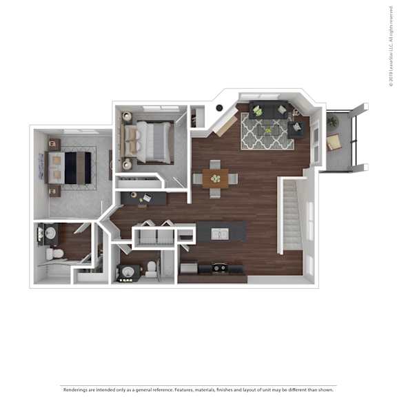 A floor plan of a house with a kitchen, living room, dining room, and two bedrooms.