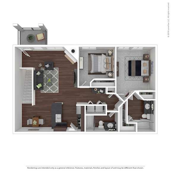 A 3D rendered image of a house layout.
