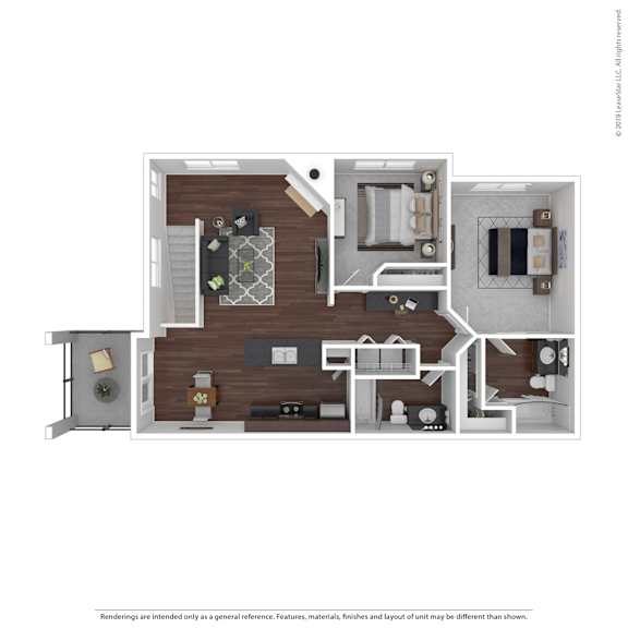 A floor plan of a house with a kitchen, living room, and two bedrooms.