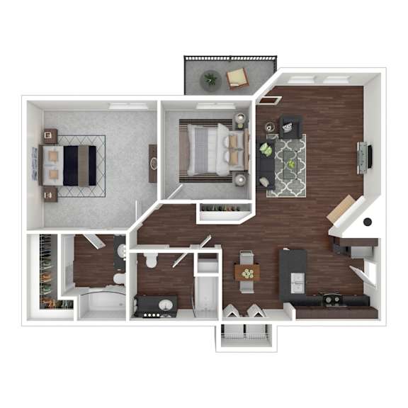 A 3D floor plan of a house with a kitchen, living room, and bedrooms.
