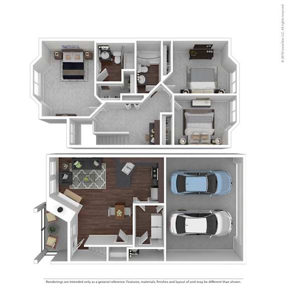 A floor plan of a house with two bedrooms, two bathrooms, a living room, a kitchen, and a garage.
