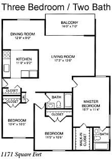 A diagram of a three bedroom two bath house plan.