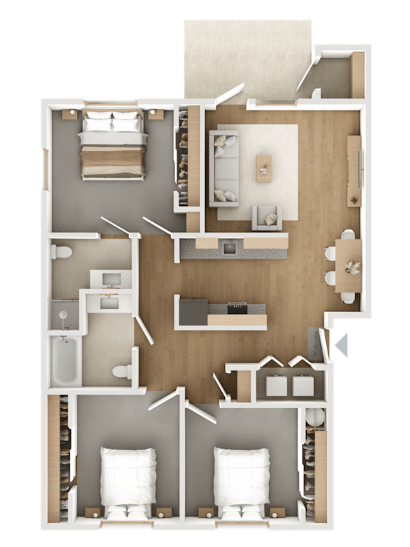 A detailed 3D floor plan of a house showing the layout of the rooms.