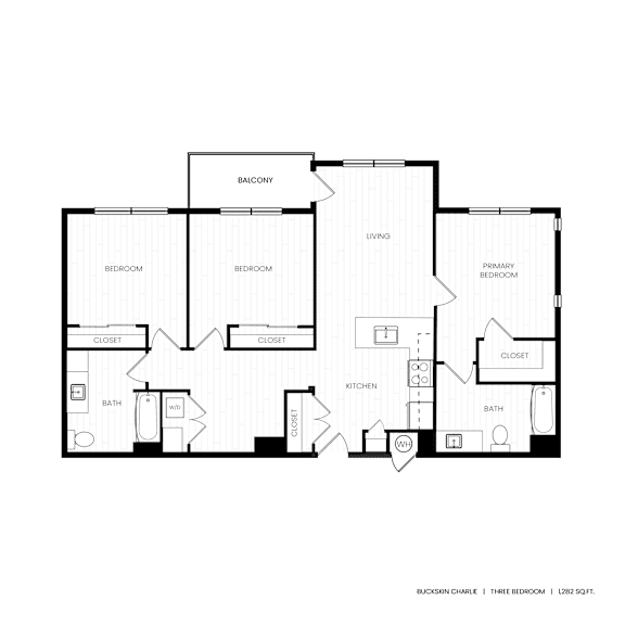 A floor plan of a three bedroom apartment with a living room, two bathrooms, a kitchen, and two closets.