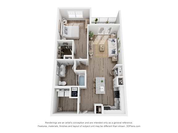 A 3D floor plan of Oyster layout with a kitchen, living room, and bathroom.