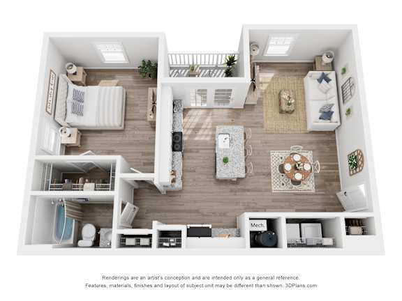 A 3D floor plan of a house with a living room, kitchen, and two bedrooms.