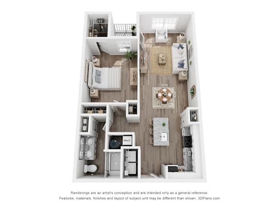 A 3D floor plan of Sunset layout with a kitchen, living room, and bathroom.