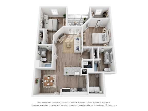 A 3D floor plan of a house with a kitchen, living room, and bedrooms.