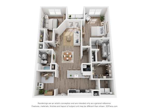 A 3D floor plan of a house with a kitchen, living room, and bedrooms.