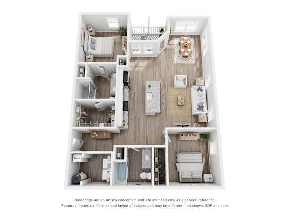 A 3D floor plan of a house with multiple rooms and furniture.