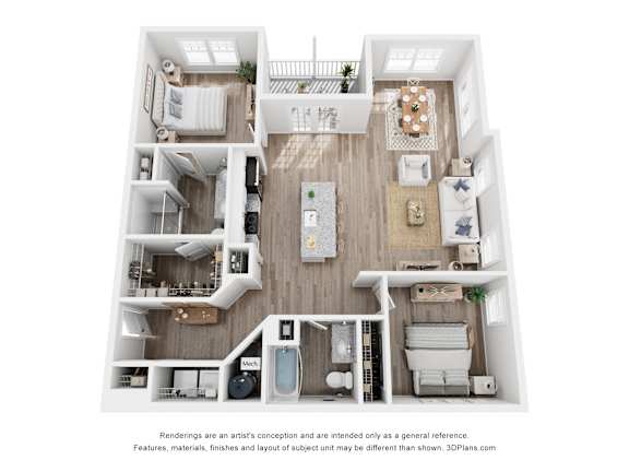 A 3D floor plan of a house with a kitchen, living room, and bathrooms.