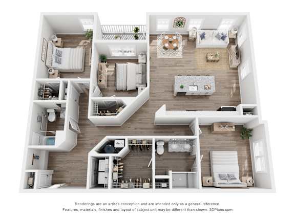 A 3D floor plan of a house with a kitchen, living room, and bedrooms.
