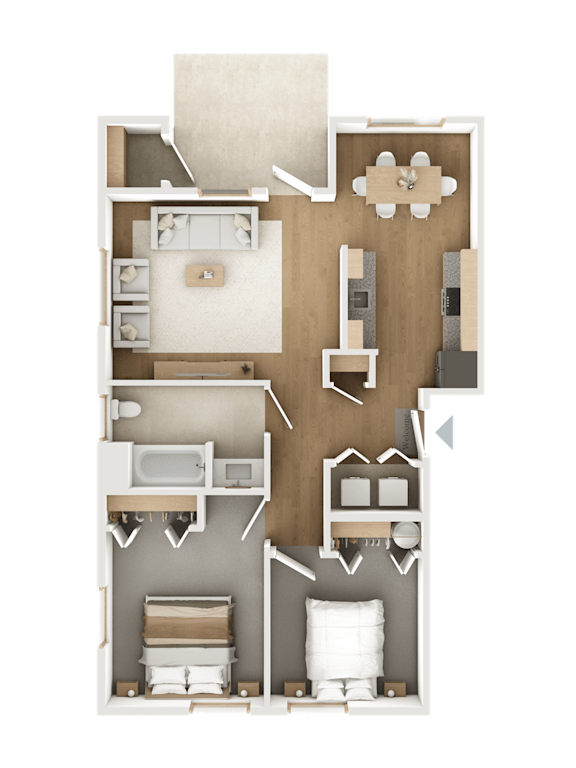 A detailed 3D floor plan of a small apartment.
