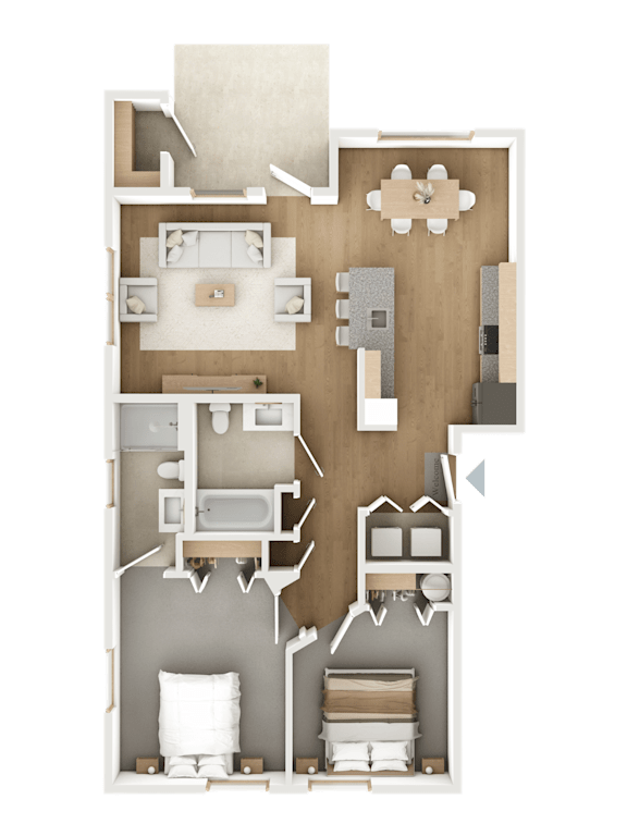 A detailed 3D floor plan of a house layout.