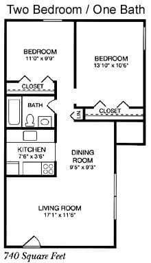 A floor plan for a two bedroom apartment with one bathroom.