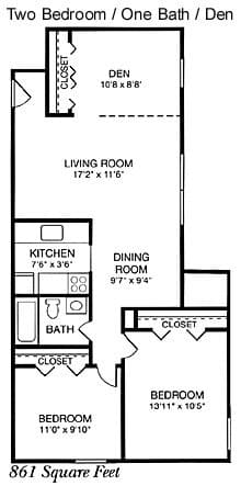 A floor plan of a two bedroom, one bathroom, den apartment.