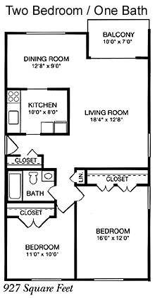 A floor plan of a two bedroom apartment with one bath.