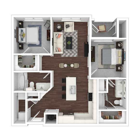A floor plan of a small apartment with a kitchen, living room, and two bedrooms.