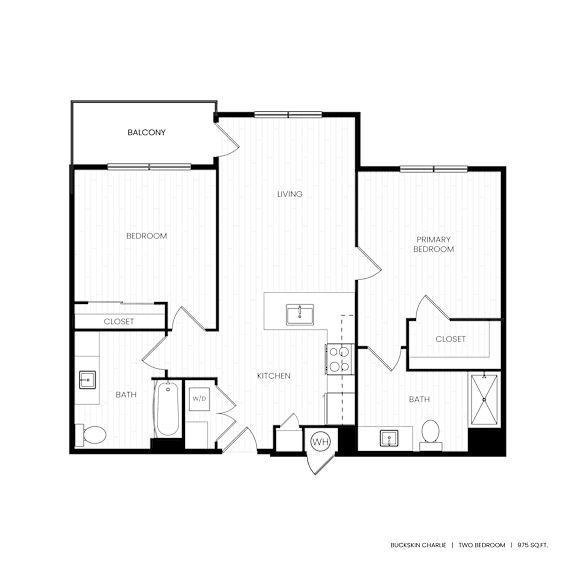 A floor plan of a property with two bedrooms, a living area, a kitchen, a bathroom, and a balcony.
