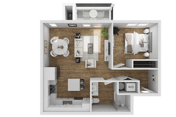 A 3D floor plan of a house layout.