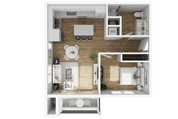 A 3D floor plan of a small apartment with a kitchen, living room, and bedroom.
