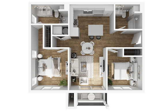 A top-down view of a house layout with multiple rooms and furniture.