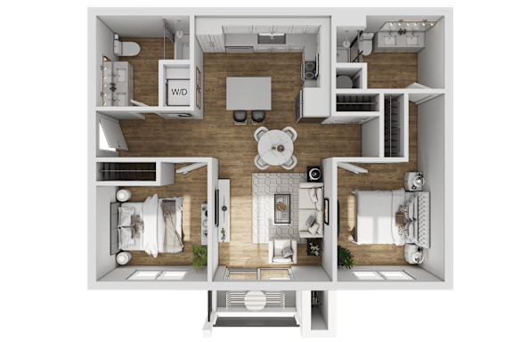 A top-down view of a small apartment layout with a kitchen, living room, and bathroom.