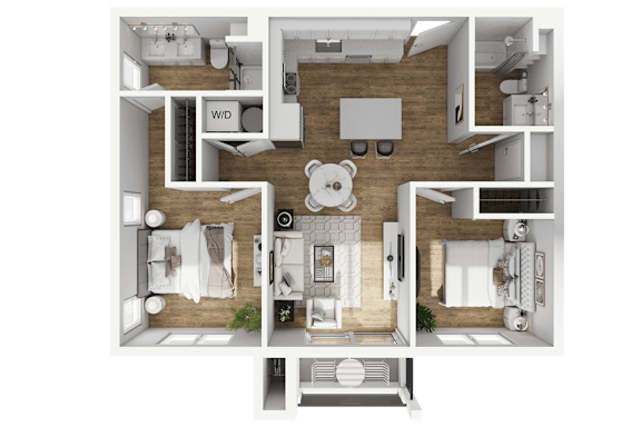 A detailed 3D floor plan of a small apartment layout.