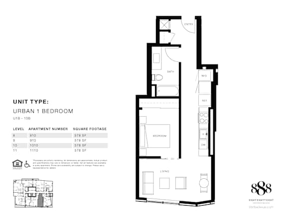 A floor plan for an urban 1 bedroom apartment type U1B-10B with details of the rooms and their square footage.