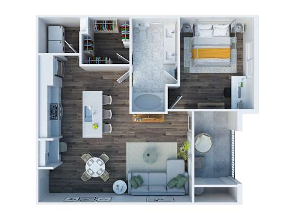 A top down view of a small apartment with a kitchen, living room, and bathroom.