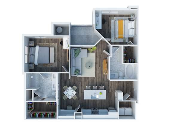 A modern house layout with a kitchen, living room, and bedrooms.