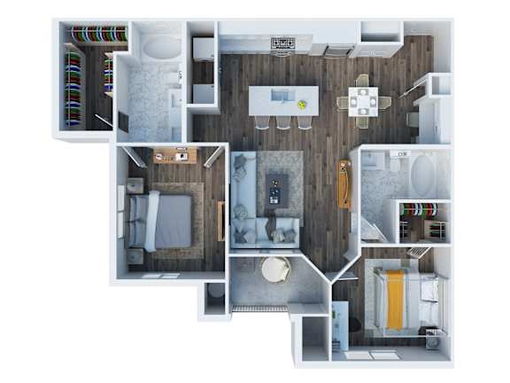 A top down view of a small apartment with a kitchen, living room, and bathroom.