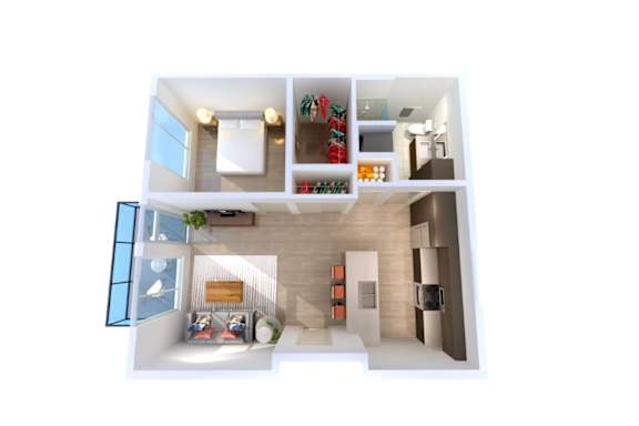 A 3D floor plan of a house with a living room, kitchen, and two bedrooms.